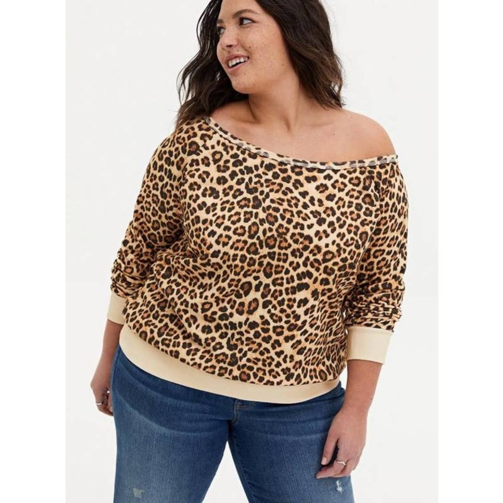 Torrid Off the Shoulder Lightweight French Terry Sweatshirt Leopard Print 2X
